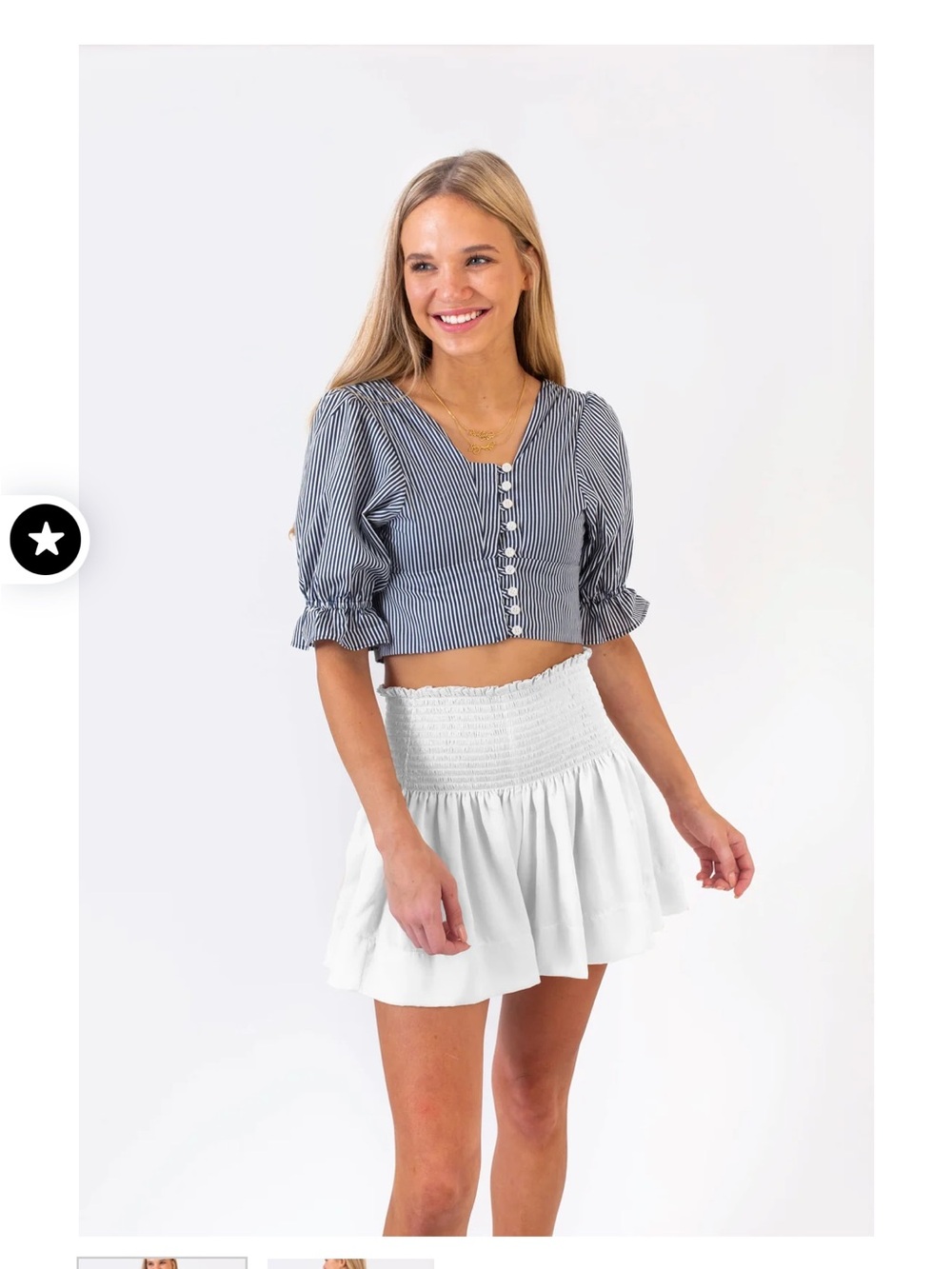Koch “Piper” Striped Navy Button-Front Cropped Top
